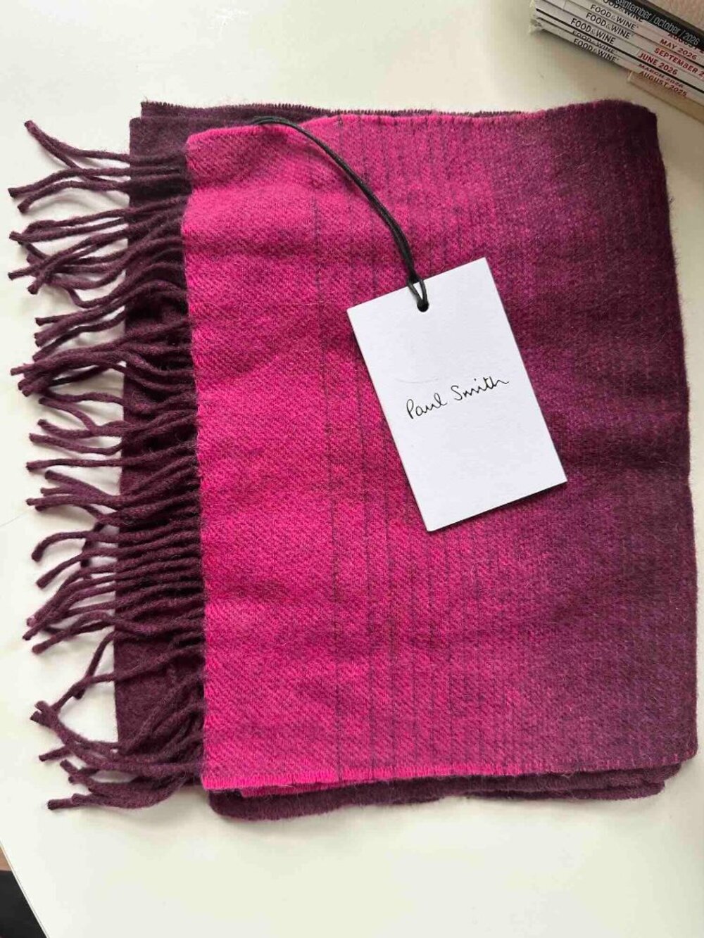 Gorgeous Paul Smith 100% Cashmere Scarf Plum Ombre Fucshia Pinstripe Unisex NWT